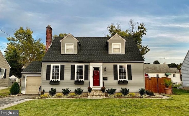 new england style home with a chimney, fence, aphalt driveway, and a front yard