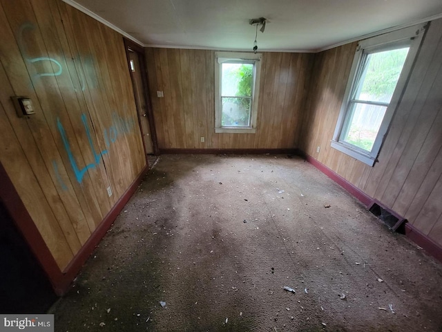 unfurnished room featuring a wealth of natural light and wood walls