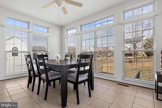 dining space with a ceiling fan, visible vents, and light tile patterned floors