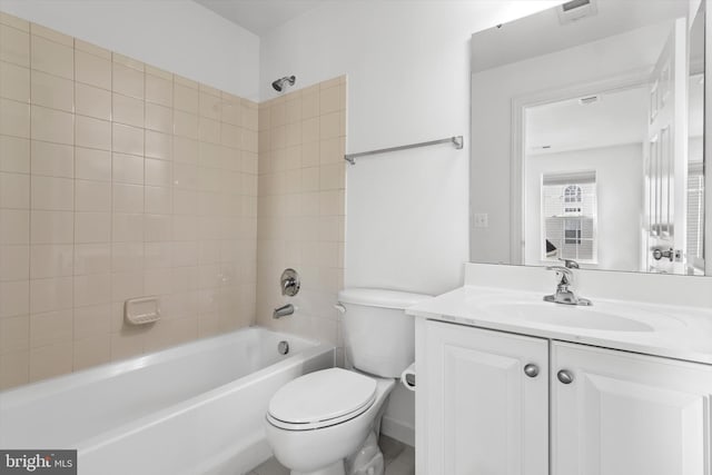 full bath featuring visible vents,  shower combination, vanity, and toilet