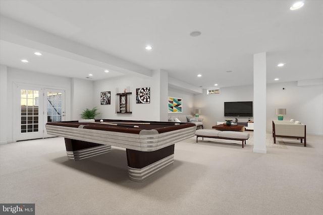 recreation room with recessed lighting, billiards, and light colored carpet