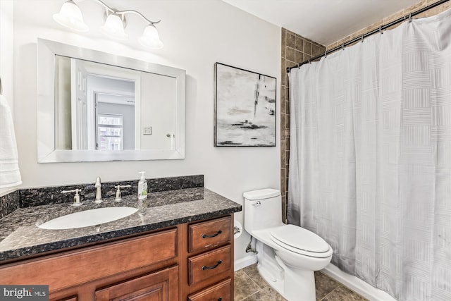 full bath featuring vanity, tile patterned floors, toilet, and a shower with curtain