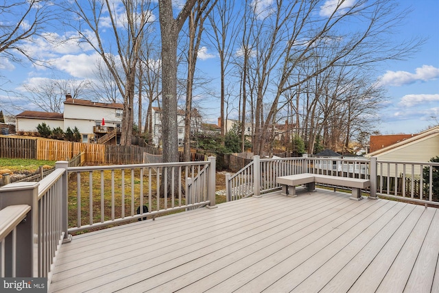 wooden deck featuring a residential view and a fenced backyard