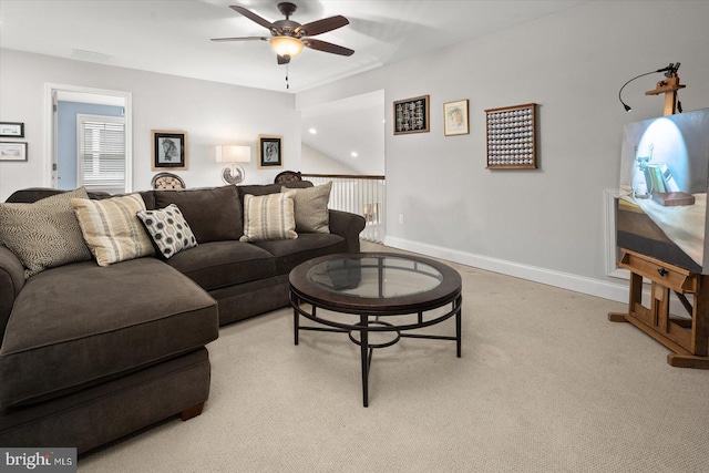 living area featuring recessed lighting, baseboards, light carpet, and ceiling fan