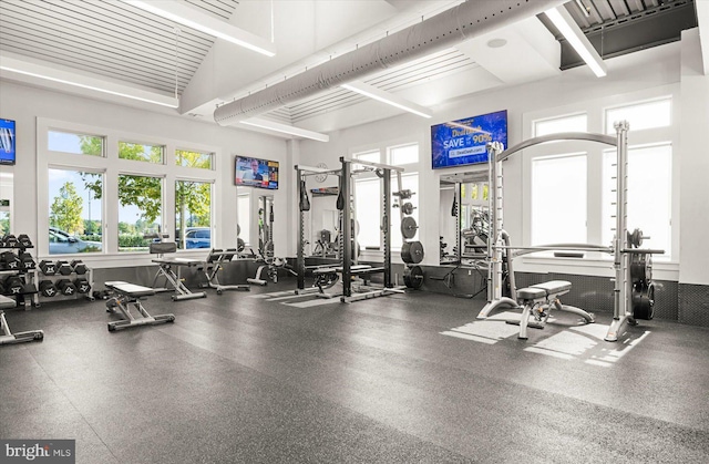 exercise room with a high ceiling