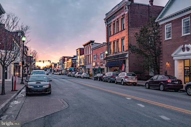 view of street with curbs, street lighting, and sidewalks