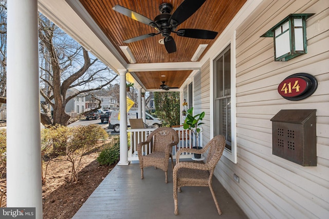 view of patio / terrace with a porch and ceiling fan