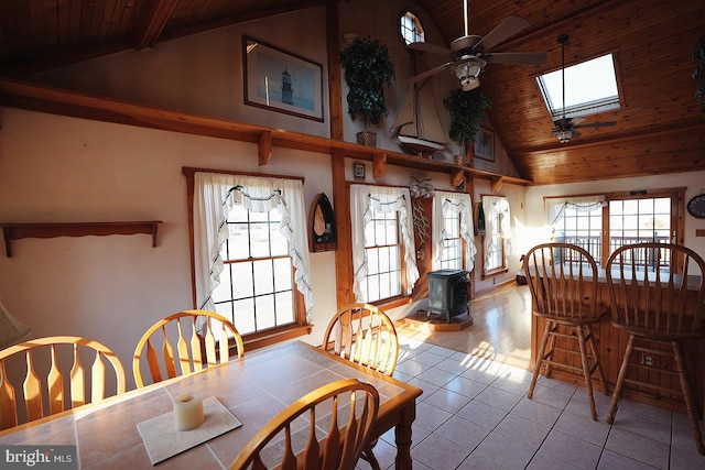 tiled dining space featuring ceiling fan, high vaulted ceiling, wooden ceiling, a skylight, and a wood stove