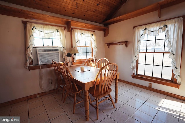 tiled dining space with wood ceiling, baseboards, vaulted ceiling, and cooling unit