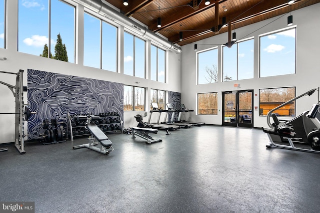 workout area featuring wooden ceiling