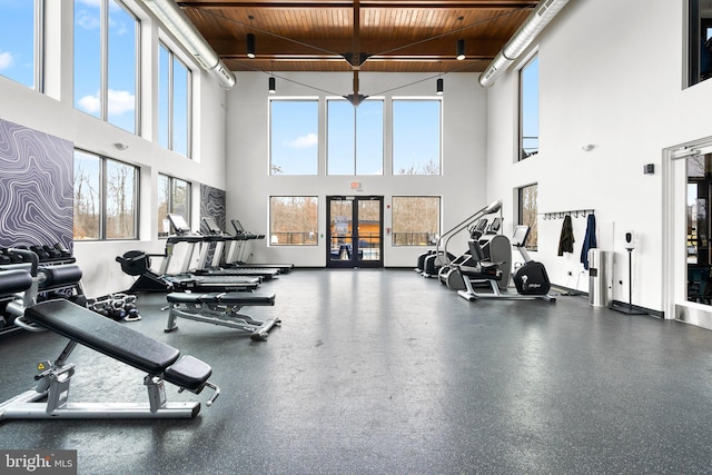 exercise room featuring wood ceiling and baseboards