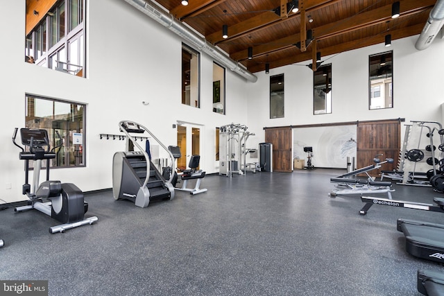 exercise room with wooden ceiling