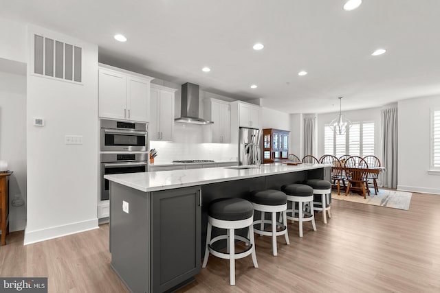 kitchen with visible vents, appliances with stainless steel finishes, white cabinets, wall chimney range hood, and a large island with sink