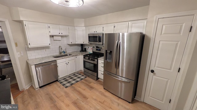 kitchen featuring light wood-style flooring, appliances with stainless steel finishes, a sink, white cabinetry, and backsplash