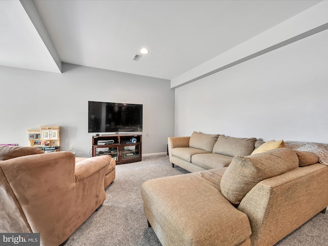 living room featuring recessed lighting, carpet, visible vents, and baseboards