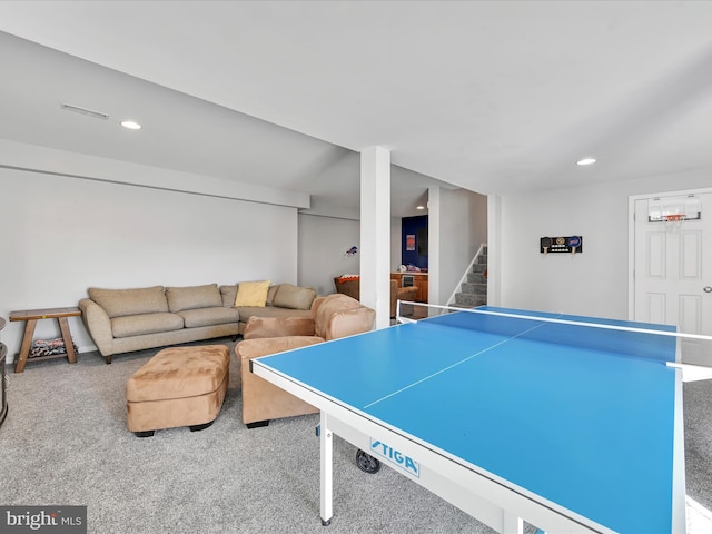 recreation room featuring carpet and recessed lighting