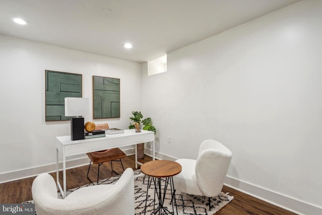 office area featuring recessed lighting, wood finished floors, and baseboards