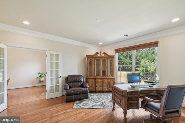 office featuring recessed lighting, baseboards, french doors, light wood-type flooring, and crown molding