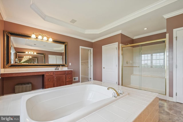 full bathroom with a stall shower, visible vents, ornamental molding, a garden tub, and vanity