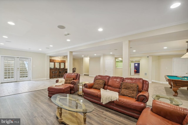 living room featuring visible vents, baseboards, crown molding, and pool table