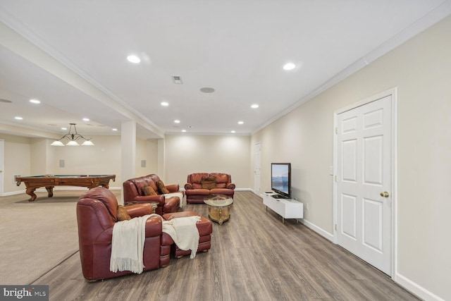 living room with baseboards, pool table, recessed lighting, and crown molding