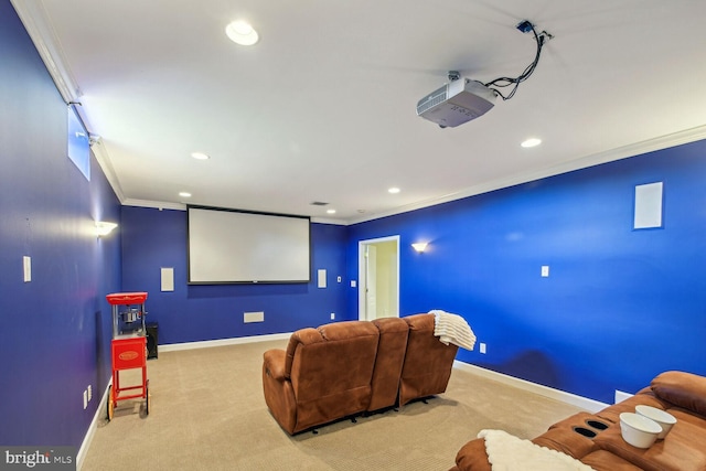 home theater with light carpet, recessed lighting, baseboards, and crown molding