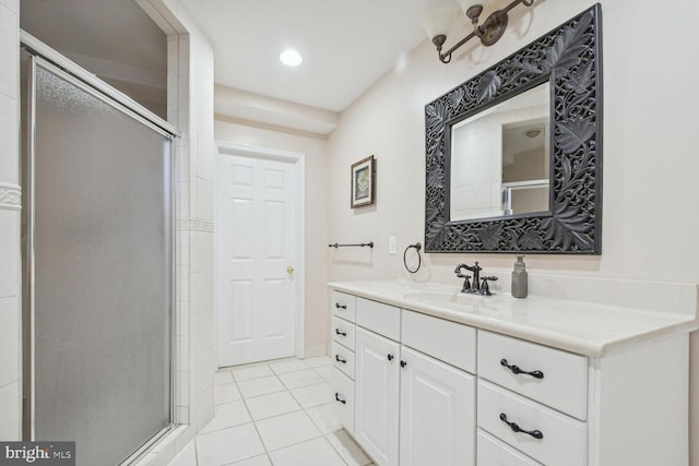 bathroom with tile patterned flooring, vanity, a shower stall, and recessed lighting