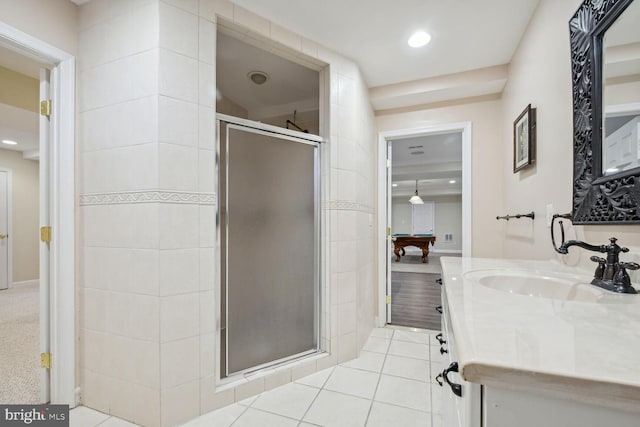 full bathroom featuring tile patterned floors, pool table, vanity, a shower stall, and recessed lighting