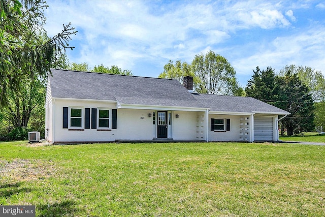 3523 Level Rd, Churchville, MD 21028 - ranch-style house with a garage, a front lawn, central AC, and a chimney