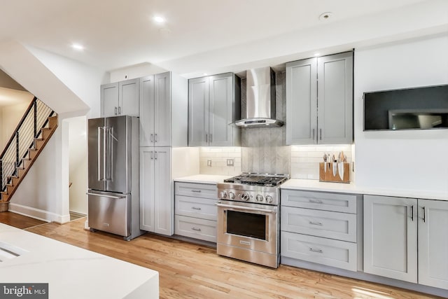 kitchen with tasteful backsplash, high end appliances, wall chimney exhaust hood, gray cabinetry, and light wood-style floors