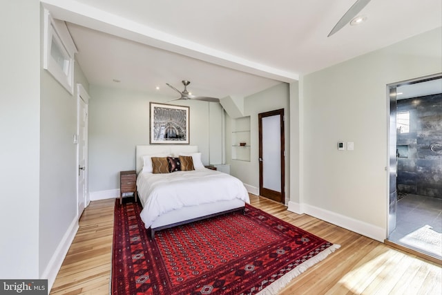 bedroom featuring light wood-style floors, recessed lighting, baseboards, and a ceiling fan