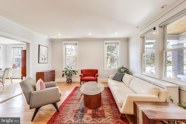 living room featuring baseboards, crown molding, and wood finished floors