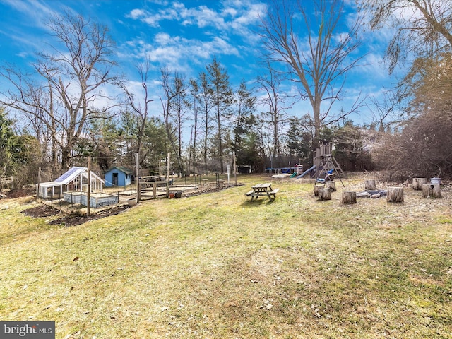 view of yard with a garden and a playground