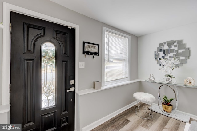 foyer featuring baseboards and wood finished floors