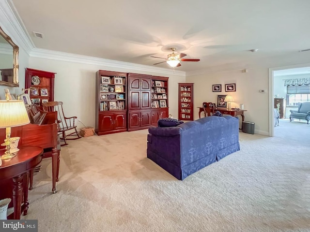 living area featuring ornamental molding, light colored carpet, and visible vents