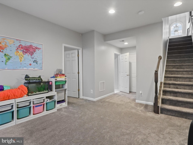 game room featuring carpet, visible vents, baseboards, and recessed lighting