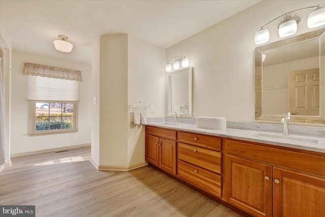 bathroom with double vanity, baseboards, a sink, and wood finished floors