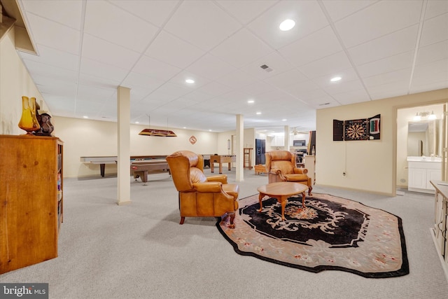 living area featuring a paneled ceiling, recessed lighting, light carpet, pool table, and visible vents