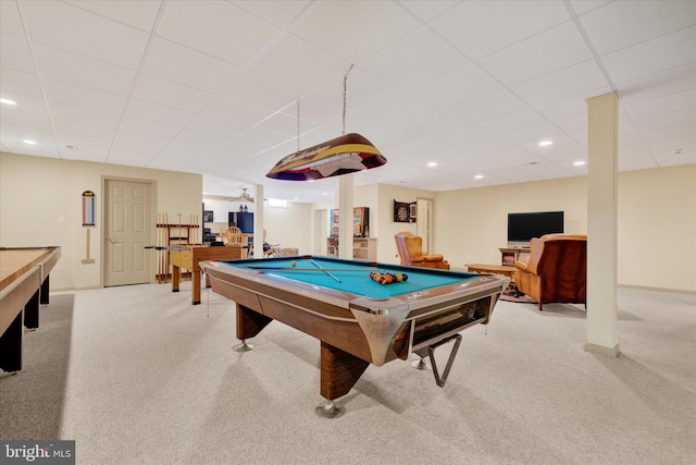 recreation room with light colored carpet, pool table, baseboards, and recessed lighting