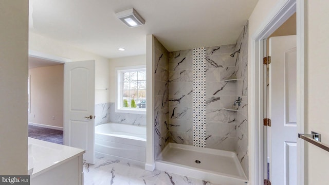 full bathroom with marble finish floor, vanity, a shower stall, and a bath