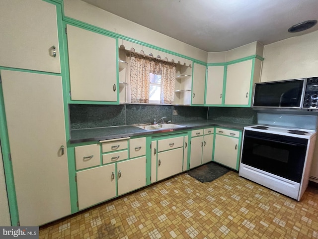 kitchen featuring electric range, a sink, decorative backsplash, open shelves, and dark countertops