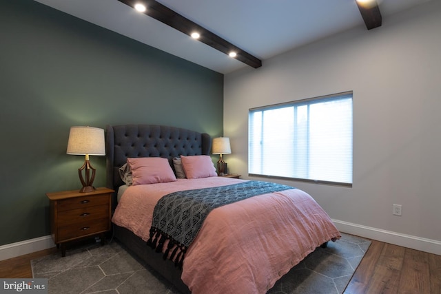 bedroom with vaulted ceiling with beams, dark wood-style flooring, recessed lighting, and baseboards