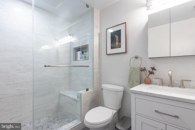 bathroom with tiled shower, vanity, and toilet