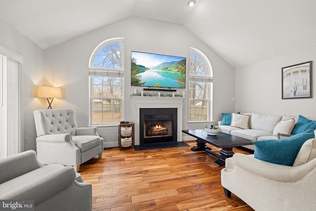 living area with a fireplace with flush hearth, light wood-type flooring, and lofted ceiling