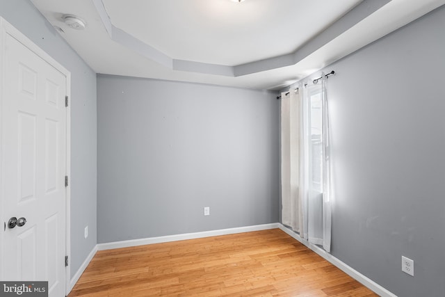 unfurnished room with baseboards, a raised ceiling, and wood finished floors