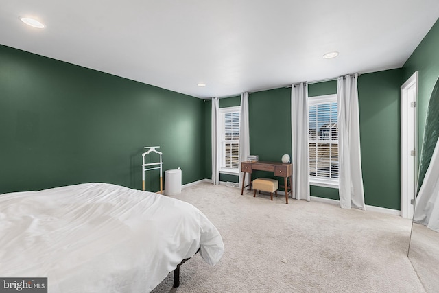 bedroom featuring recessed lighting, carpet flooring, and baseboards