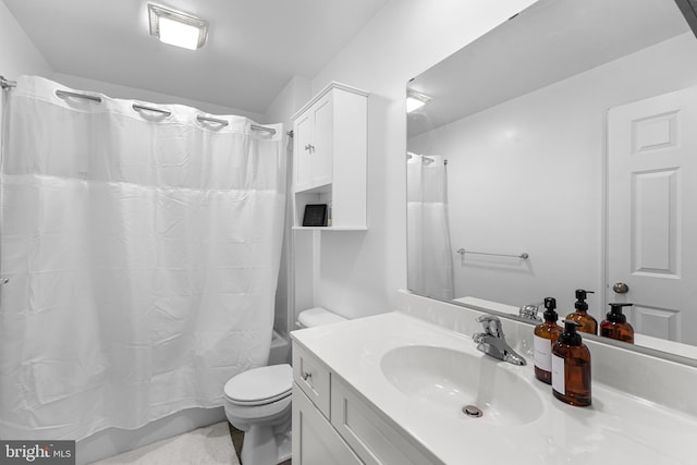 full bathroom with vanity, toilet, and shower / bathtub combination with curtain