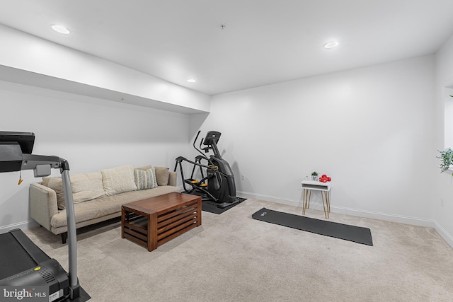 workout area featuring carpet, baseboards, and recessed lighting