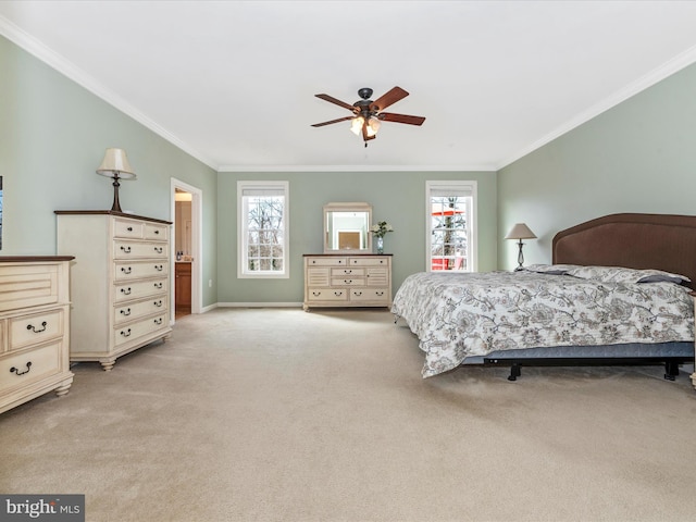 bedroom with light carpet, multiple windows, and crown molding