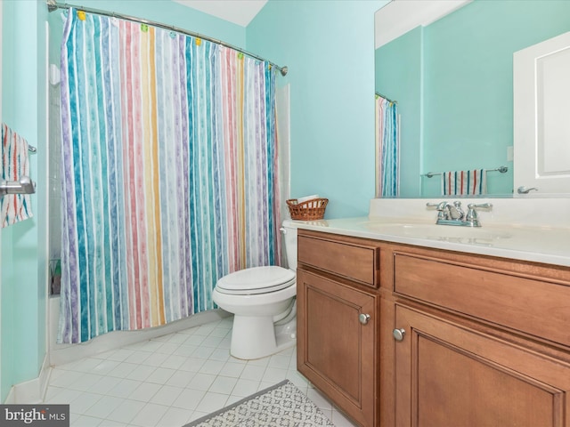 bathroom featuring tile patterned flooring, shower / bathtub combination with curtain, vanity, and toilet